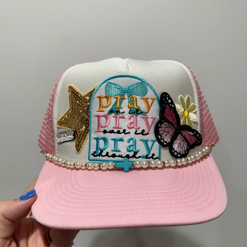 Pink and White Trucker Hat with patches